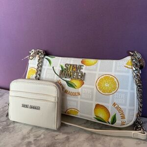 Steve Madden Lemon Print Shoulder Bag with Chain Accents and Coin Purse